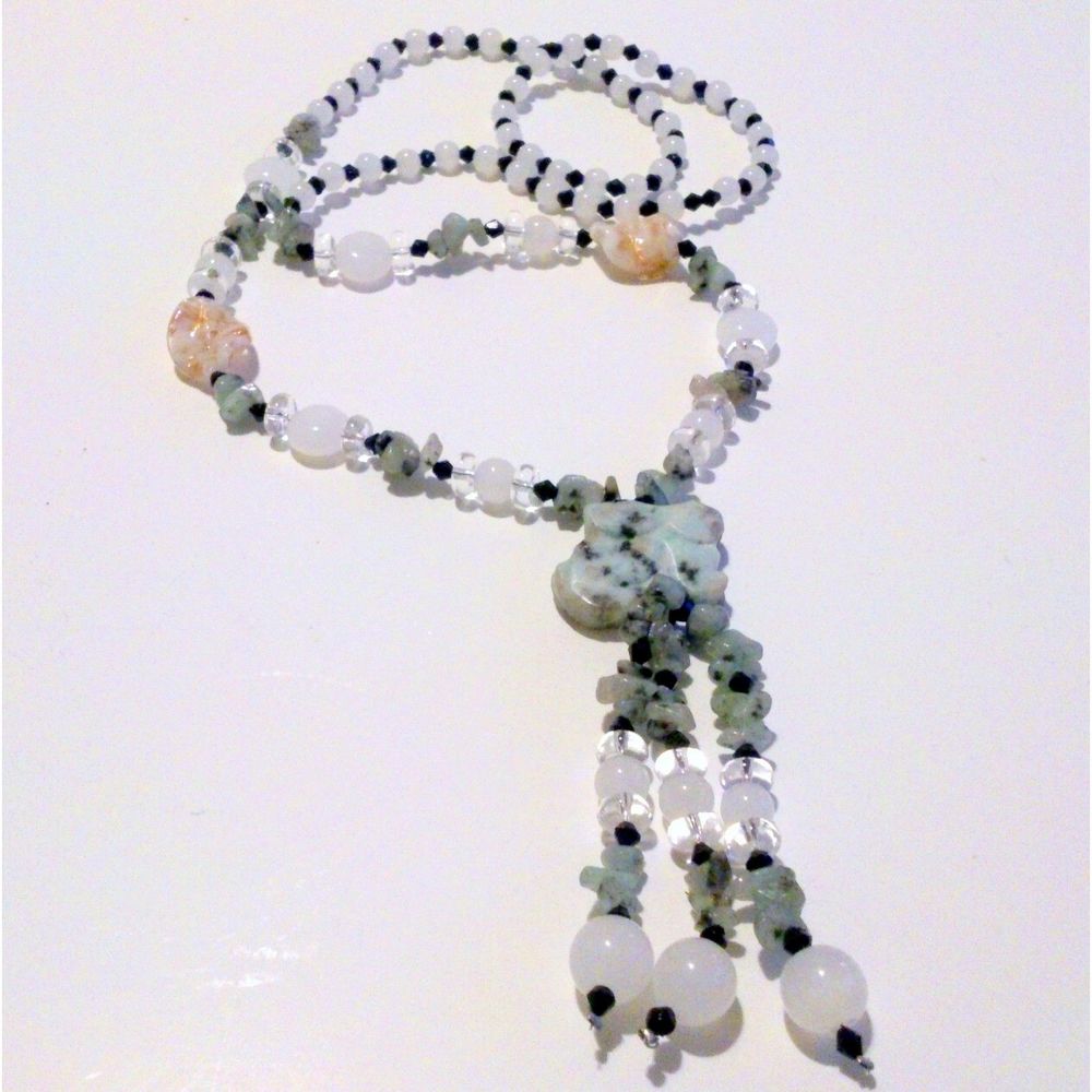 Amazonite Carved Rabbit Genuine Stone and Glass Bead Tassel Necklace